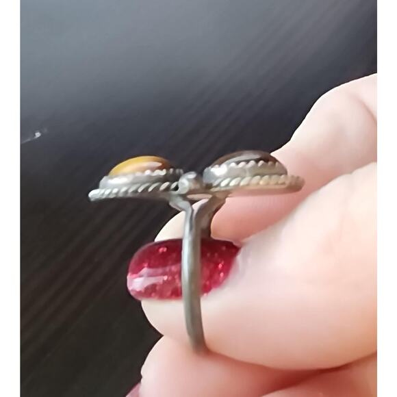 Vintage Native American Navajo Double Stone Tiger's Eye Sterling Silver Ring - Picture 2 of 4